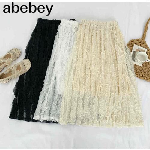 2021 New Summer Sweet All-match dot mesh Skirt Edible Tree Fungus lace up high waist slim mid length Skirt