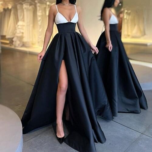 Simple Black Color Sleeveless Side Split Satin Prom Gown Spaghetti Strap Floor Length Party Dress Custom Made