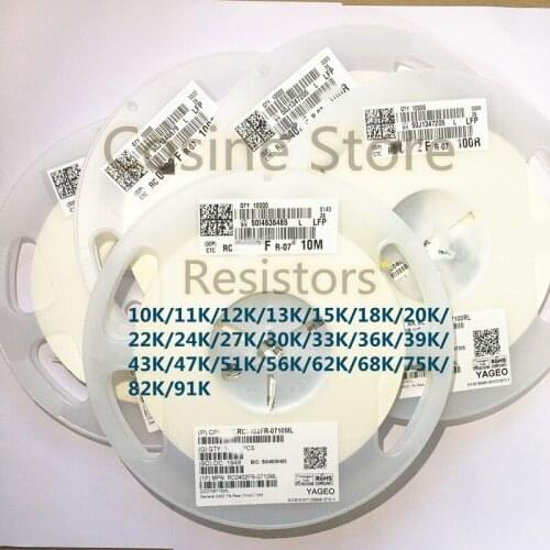 100pcs/Lot Resistors 0402 1% 10K 11K 12K 15K 18K 20K 22K 24K 27K 30K 33KOhm 36K 39K 43K 47K 51KR 56K 68K 75K 82K 91KOhm SMD1005F
