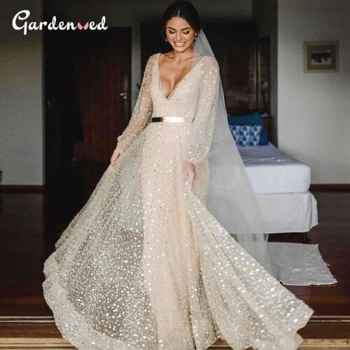 Sexy Sheath Sequined Wedding Dress Boho Transparent Sleeves V Neck Beach Wedding Gowns Champagne Glitter Bridal Dresses