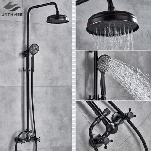 Uythner Black Bronze Bathroom Shower Facuet Mixer Faucet 8" Rain Shower Head with Hand Shower Bathtub Faucet Wall Mounted