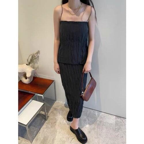 2021 Summer New Womens High-Waist Midi Skirt Silk Long Skirt Temperament Elegant Laides Elastic Waist Pleated Mid-Length Skirt