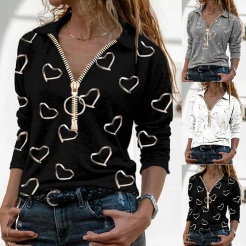 Women Shirts Casual Zipper V Neck Heart Print Long Sleeve Sweatshirt Blouse Spring Summer Elegant Loose Pullover Top Plus Size