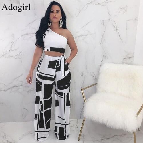 Women One Shoulder Two Pieces Sets Summer Crop Tops and Wide Leg Pants Set Casual Slim Tracksuits Block printing Matching Sets