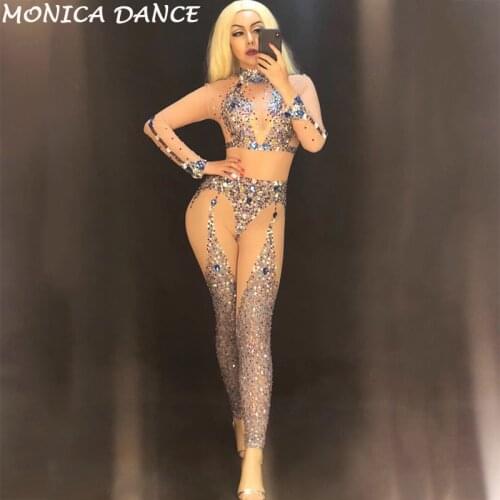 Sexy Multicolor Rhinestones Mesh Nude Jumpsuit Female singer Perspective Bodysuit Women Birthday Celebrate Nightclub Dj Costume