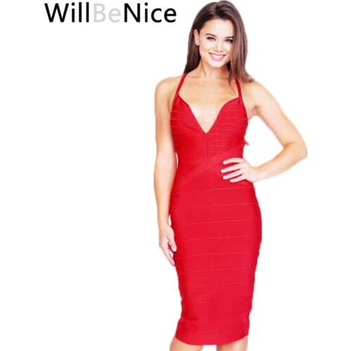 WillBeNice Sexy Bandage Dress Black Red V Neck Cross Dress Sleeveless Halter Neck Dress Midi Bandage Dresses 2019 Party Dress