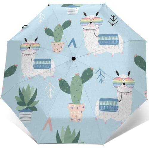 Automatic Umbrella Rain Women Three-folding Umbrella Cute Llama Glasses Cactus Windproof Umbrella Female Waterproof parasol