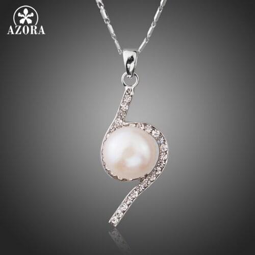 AZORA Trendy Long Link Chain Flower Shape White Gold Color Pendant Necklaces for Women Jewelry Freshwater Pearls Colar TN0210