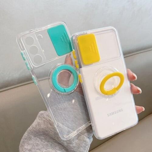 Slide Camera Protection Phone Case For Samsung Galaxy A52 A72 S21 Plus S21 Ultra A12 A32 5G Transparent Ring Holder Back Cover