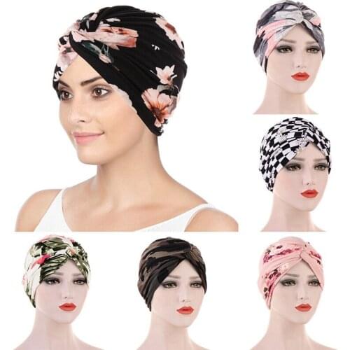 Women Print Flower Knot Cancer Ruffle Chemo Hat Beanie scarf Turban Head Wrap Knitted Cap Hair Loss Accessories