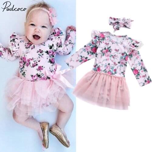 Helen115 Lovely Newborn baby girl clothes Pink Lace Flower Long Sleeve Bodysuit+Headband 0-24M