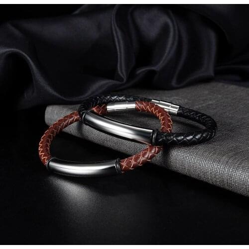 Leather Wristband Brown Black Band Magnetic Clasp Single Round Woven Bracelet Men Woman Hand Accessories Cuff Pulseira Masculina