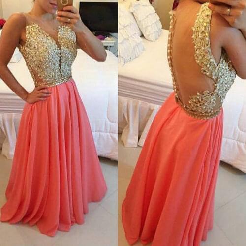 Water Melon Lace Gold vestido de festa largos 2018 sexy illusion Party prom gown Elegant vestido de noiva bridesmaid dresses