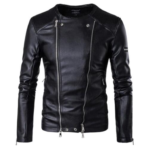 Punk lapel double zipper motorcycle leather jacket men long sleeve England mens leather jackets short coats biker black