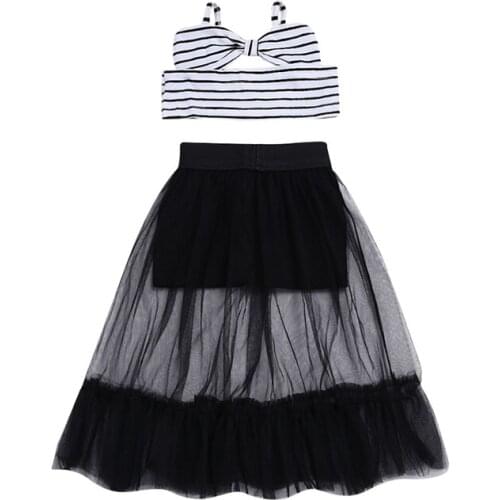 2018 Fashion Summer Toddler Baby Girls 2PCS Bow Striped Sleeveless Vest Tops Lace Tutu Ankle-Length Skirts Outfit 6M-5Y