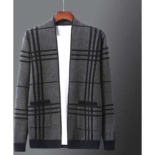 Mens Plaid Fashion Sweater Cardigan Casual Zipper O-Neck Slim Warm Clothing Spring And Autumn 2021 Latest Gray Trendy Jacket
