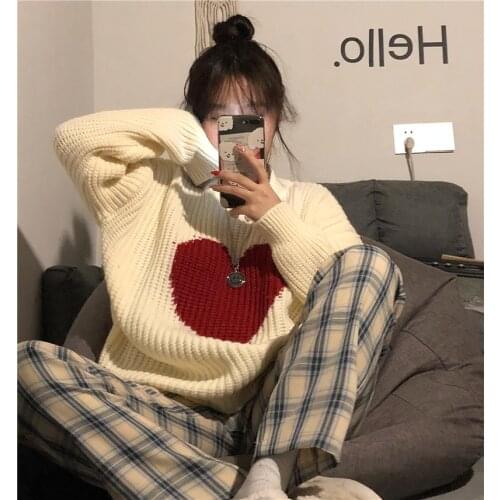 2021 Winter New Sweet Heart-shaped Pattern Sweater Vintage Harajuku Style Full Sleeve Pullovers Loose Knitting Casual Sweater