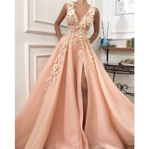 Princess Floor Length Prom Dress Split Sleeveless Deep V Neck Lace Appliqued Evening Dress Custom Made Beads Party Dress
