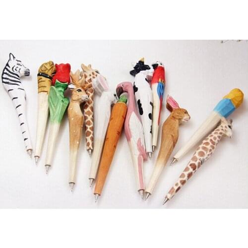 200pcs/sets Handmade Ballpoint Pen Lovely Artificial Wood Carving Animal ball pen Creative Arts blue pens gift New many color