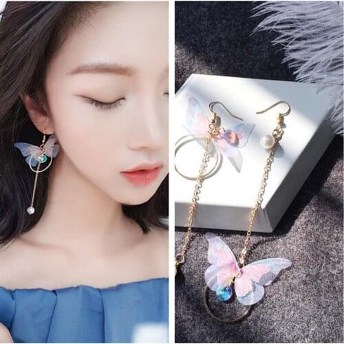 New Korean Asymmetric Butterfly Imitation Pearl Earrings Fashion Round Flower Brincos Long Statement Wings Earrings Jewelry