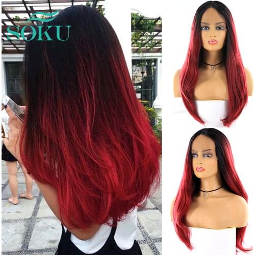 Synthetic Middle Part Lace Front Wigs SOKU Long Straight Dark Root 33 Color Wig Glueless Heat Resistant Fiber Wig For Women