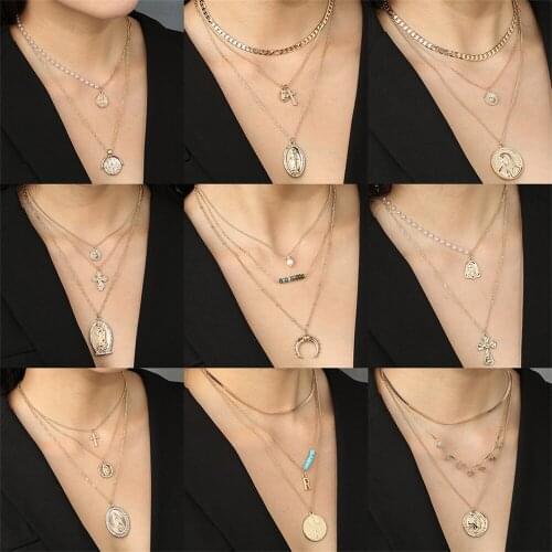 Vintage Simple Multilayer Pearl Zircon Necklace For Women Geometry Metal Religion Portrait Pendant Necklace Fashion Girl Jewelry