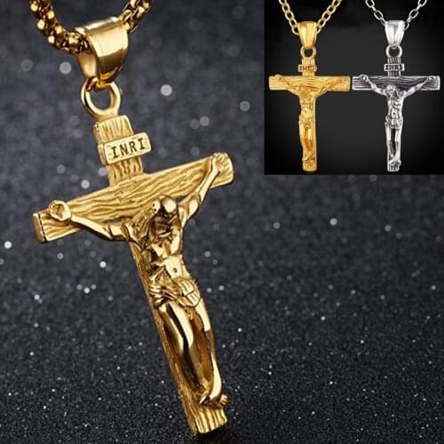 Vintage Religious Jesus Cross Necklace for Men Fashion Gold Color Cross Pendent with Chain Necklace Jewelry Gifts for Men 1PC
