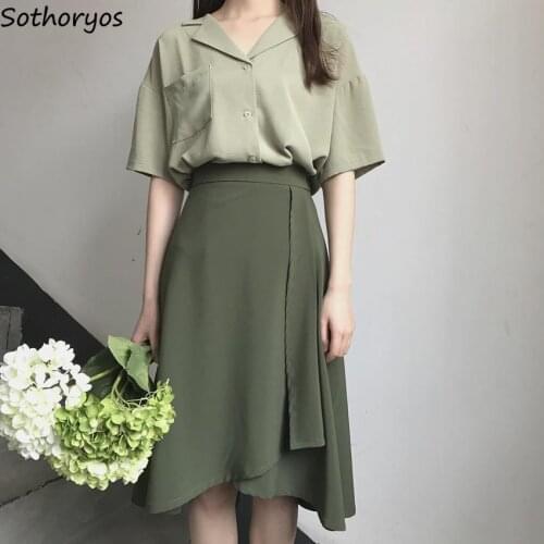 Women Sets Solid Short Sleeve Shirts Midi Skirts Asymmetrical Elegant Tender Draped Folds Temperament Office Lady Fashionable