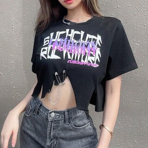 SEASONS Letter Print Harajuku Cropped Tshirt Women Casual Loose Short Seeve Cotton T Shirt Punk Black Fashion Crop Top ASTS83310