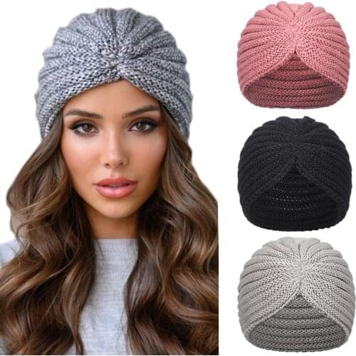 Haimeikang Women New Bandanas Turban Winter Knit Turban Cap Center Cross Hair Scarfs Boho Knotted Warm Headband Muslim Hat