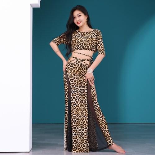 Women Leopard Belly Dance Lesson Wear Top Skirt Chain Belt Women Belly Dance Costumes Clothing