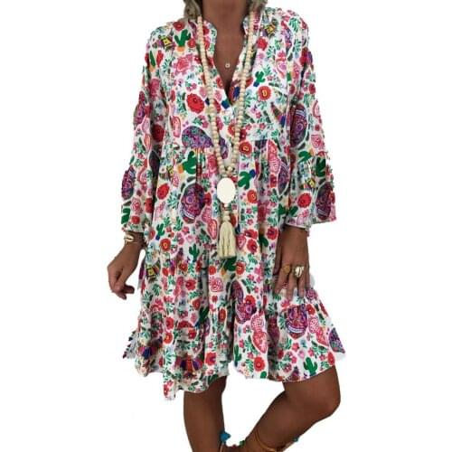 Plus Size Women Mini Dress Vintage Flower Print Ruffled Sundress Female V Neck Long Sleeve Buttons Women Elegant Dresses Office