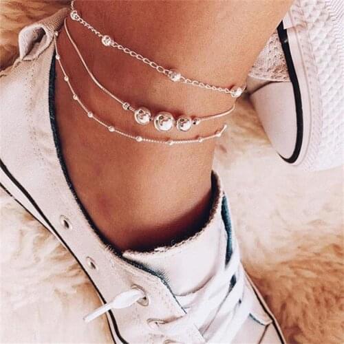 3Pcs/Set Women Fashion Adjustable Round Beads Chain Foot Party Anklets Bohemian Multilayer Bracelet on Leg Beach Jewelry