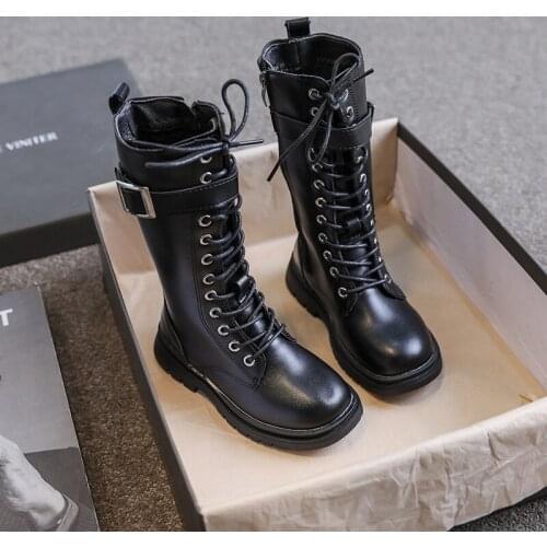 Velvet Fur Martin Boots Girl Winter Shoes Bandage with Belt Buckle 2021 Winter New Child Snow Boots Winter Cotton Padded Shoe