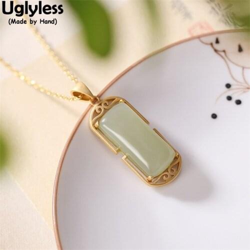 Uglyless Natural Blank Jade Pendants + Chain Square Gemstones Necklaces for Women Simple Fashion Dress Jewelry 925 Silver Bijoux
