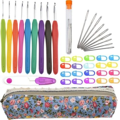 Ergonomic Rubber Crochet Hook Soft-Contact Handle Smooth Contact Comfortable Grip Knitting Weaving Yarn Needle Set