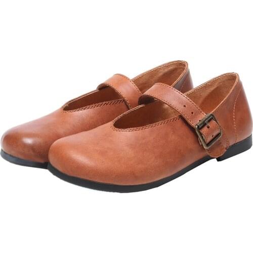 Cow Leather Mary Jane Shoes Womens Retro Round Toe Genuine Leather Flat Shoes Spring Summer Ladies Casual Footwear