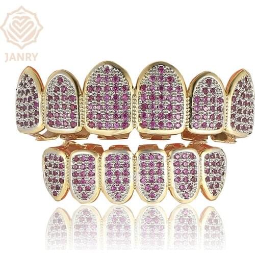 JANRY Teeth Grillz Hip Hop Gold Teeth Top Bottom Micro Pave Purple CZ Stone Vampire Teeth Set Cosplay Party Body Jewelry Gift