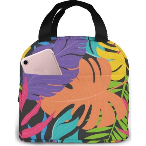 Colourful Flowers Leaves Pattern Lunch Food Box Bag Insulated Thermal Food Picnic Lunch Bag for Women kids Men Cooler Tote Bag