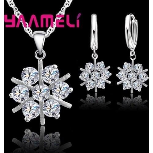 Fashion Snowflake shape Bridal Wedding Jewelry Sets Women Fine 925 Sterling Silver Necklace Dangle Earring Sets Hot Sale