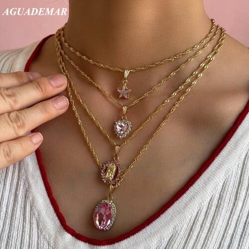 2021 New Pink Crystal Heart Portrait Pendant Necklace Set For Women Multilayered Golden Metal Twisted Chain Necklaces Jewellery