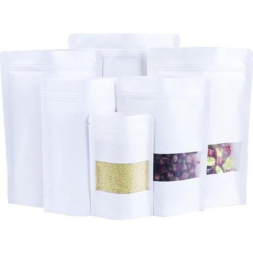 50Pcs/Lot White Kraft Paper Stand Up Bag with Matte Clear Window Zip Lock Self Seal Doypack Tear Notch Food Tea Storage Pouches