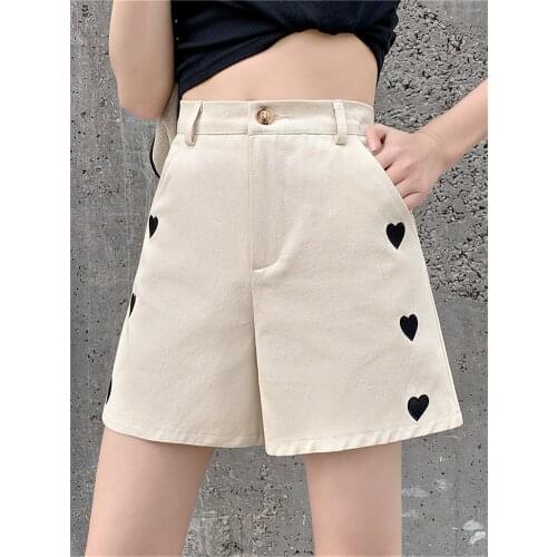 Summer Women Shorts Heart Embroidery Korean Loose Wide Legs Femme Straight Elastic Large Size Short Pants Girl Casual High Waist