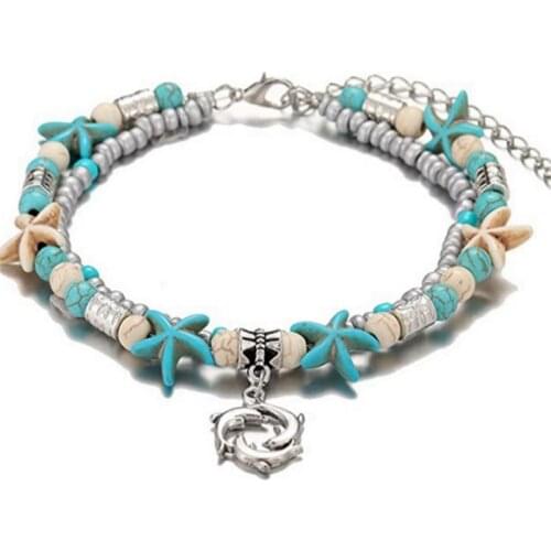 Bohemian Ankle Bracelet 2-layer Bracelet Adjustable chain foot beach Bracelet shell rice beads starfish retro chain