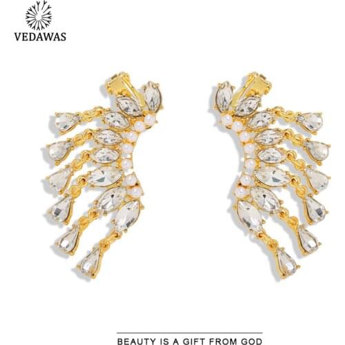 Vedawas Elegant Luxury Crystal Feather Drop Earrings with Clips Wide Unique Design Wedding Jewelry for Women Party Wholesale