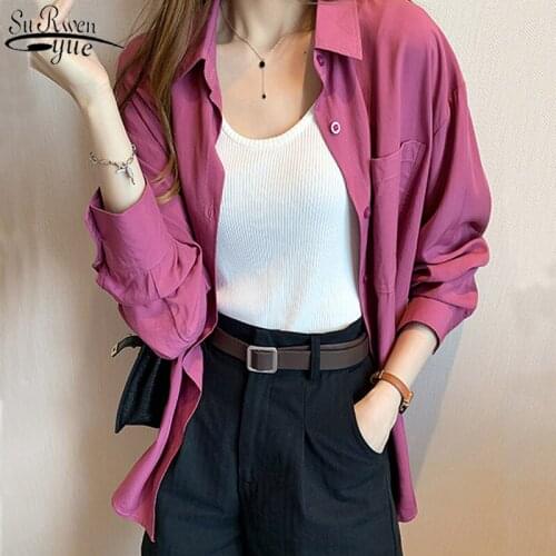 Korean Fashion Long Sleeve Shirt Women Autumn 2021 Office Lady Loose Shirt Solid POLO Collar Cardigan Casual Blouses Tops 10934