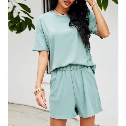 Womens Pajamas Set Round Neck Short Sleeve Ribbed Solid Color Female Sleep Two Piece Set Loungewear Home Wear