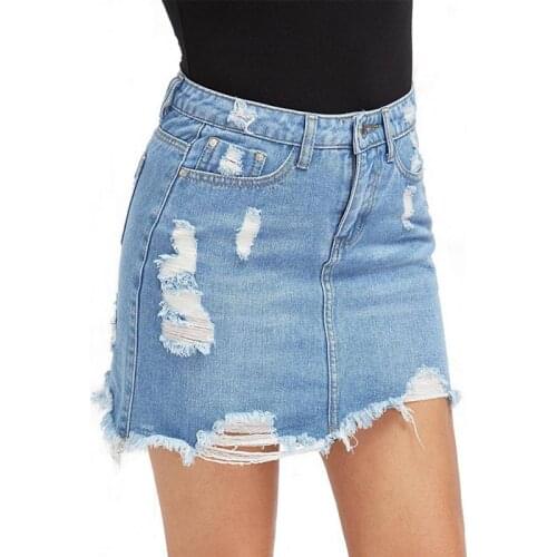 Women Blue Ripped Casual Mini Denim Skirt Summer New Bodycon Women Skirt Basic Pocket Jeans Skirt Mid Waist Skirt