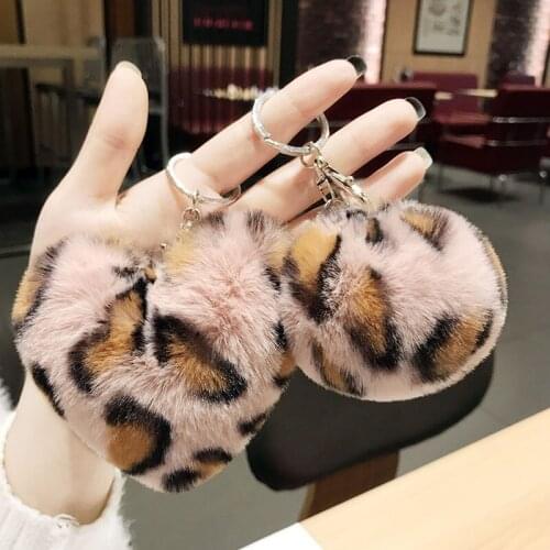 14CM Faux Rabbit Fur Ball Key Chain Pompom Leopard Plush Heart Keychain Fluffy Pom Pom Round Ball Pendant Women Car Bag Keyring