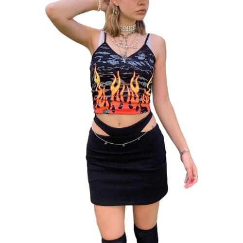 Ladies Summer Sexy Midriff-baring Camisole, Girls Creative Flame Skull Head Printing V-neck Sleeveless Tops Slim Base Shirt